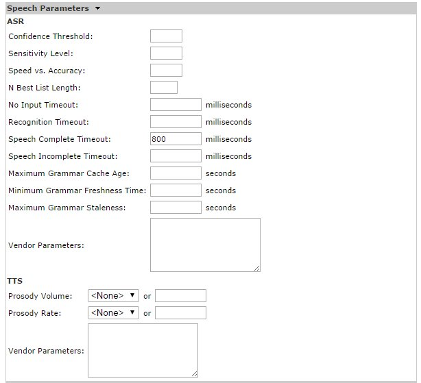 AAEP application Speech Parameters with Speech Complete Timeout set to 800 milliseconds and all other fields blank