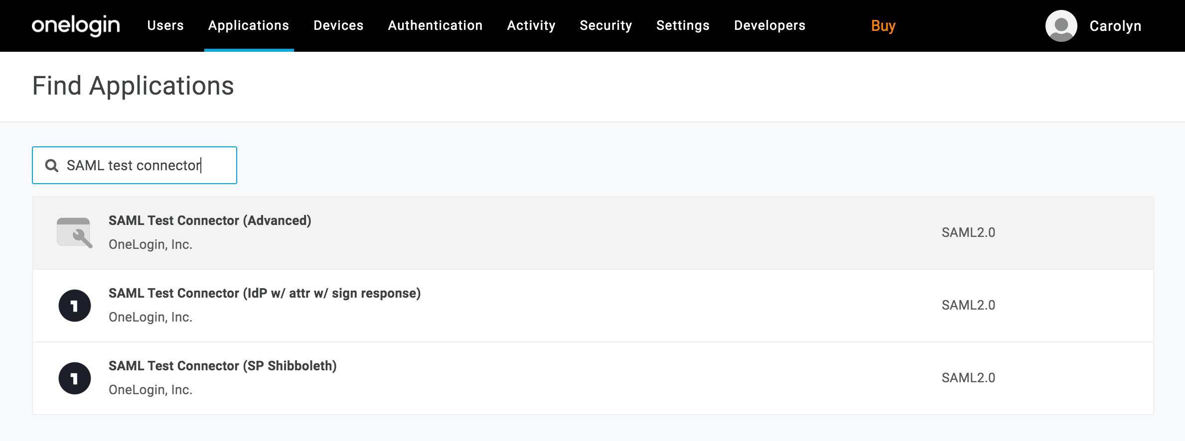 Seach_for_SAML_test_connector_under_find_applications_in_OneLogin___Tethr_customer_support.png